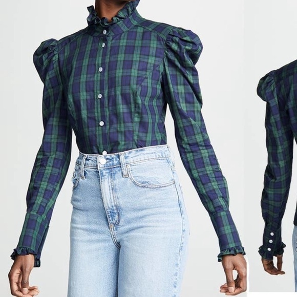 Petersyn Sasha Plaid Blouse Western Prairie XS Navy Green Puff Sleeve - Picture 2 of 9